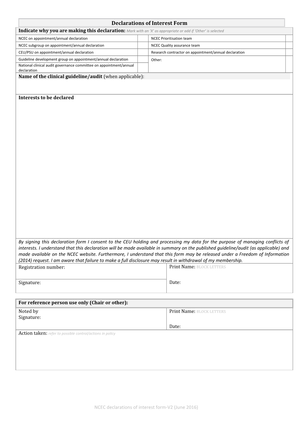 Guidance to Persons Completing the NCEC Declarations of Interest Form