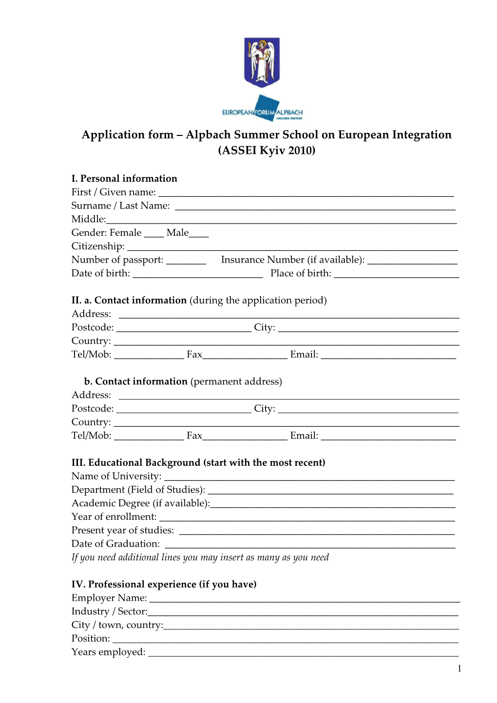 Application Form Alpbach Summer School on European Integration (ASSEI Kyiv2010)