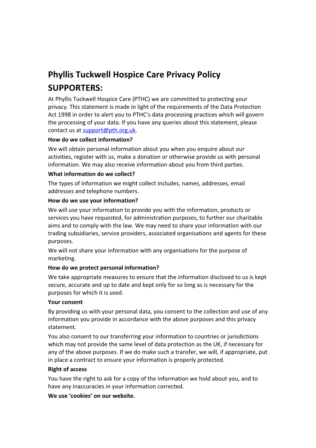 Phyllis Tuckwell Hospice Care Privacy Policy