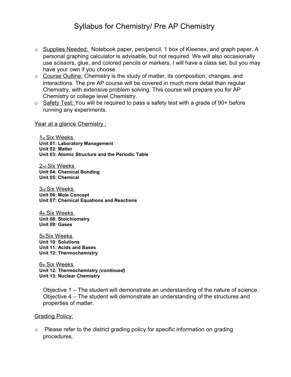 Syllabus for Pre-AP Chemistry