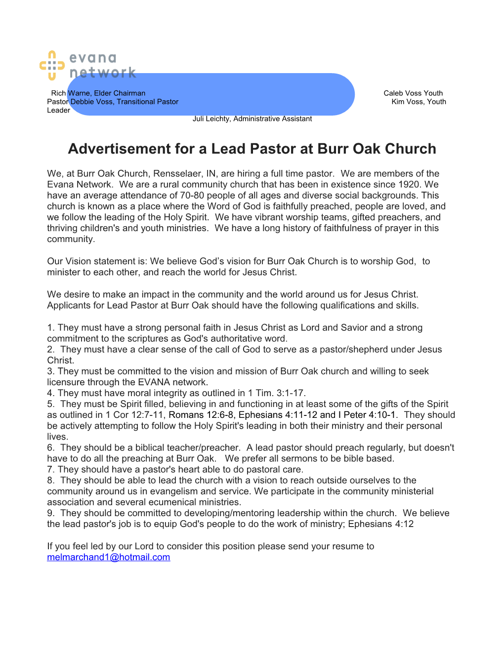 Advertisement for a Lead Pastor at Burr Oak Church