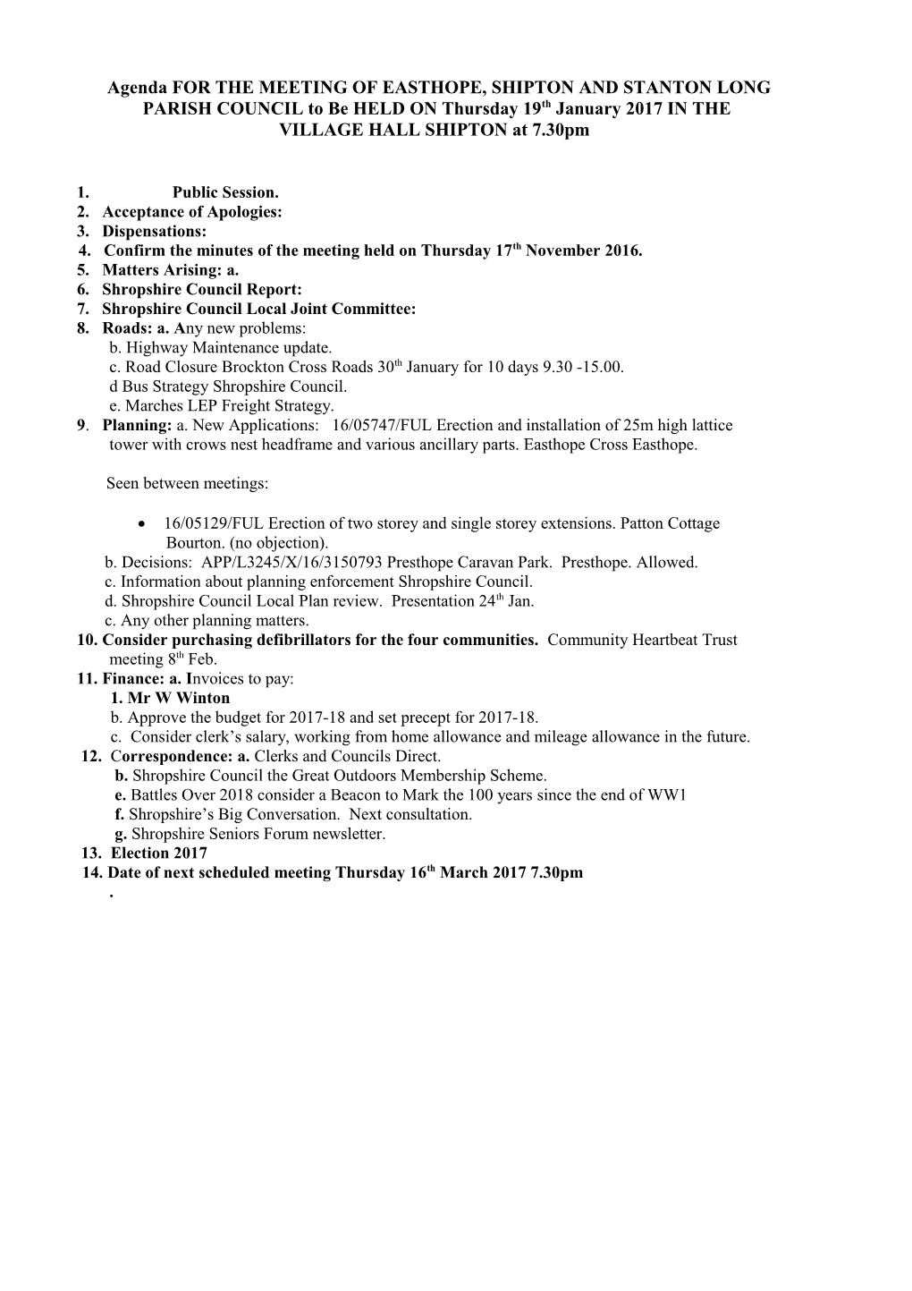 Agenda for the Next Meeting of Easthope, Shipton and Stanton Long Parish Council to Be