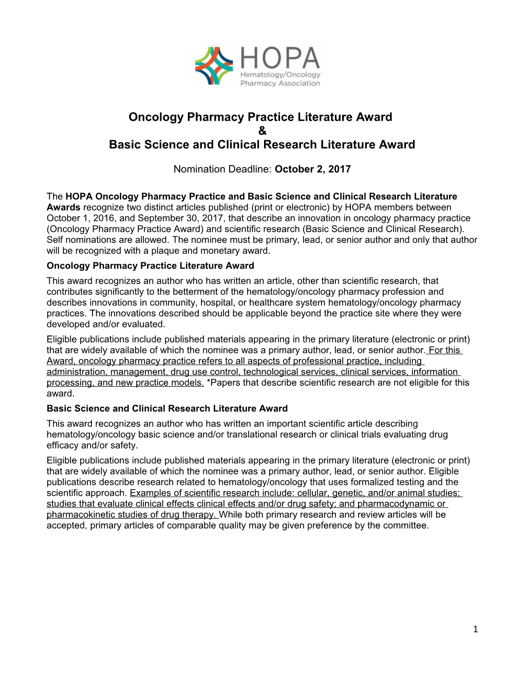 Oncology Pharmacy Practice Literature Award