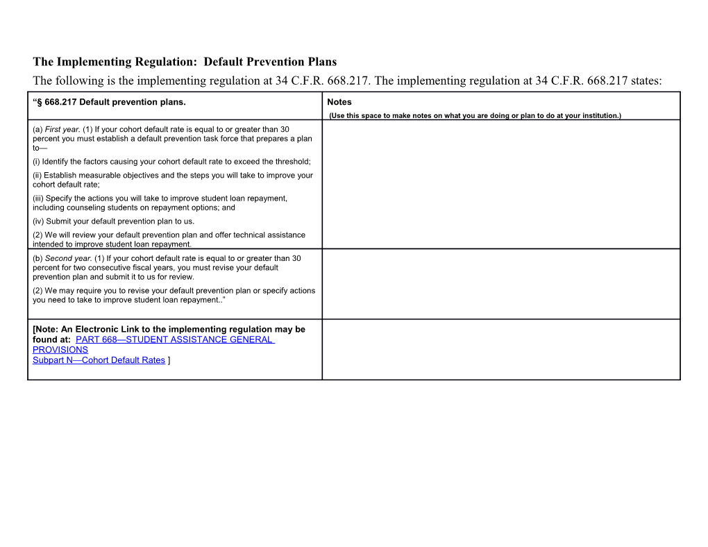 The Implementing Regulation: Default Prevention Plans