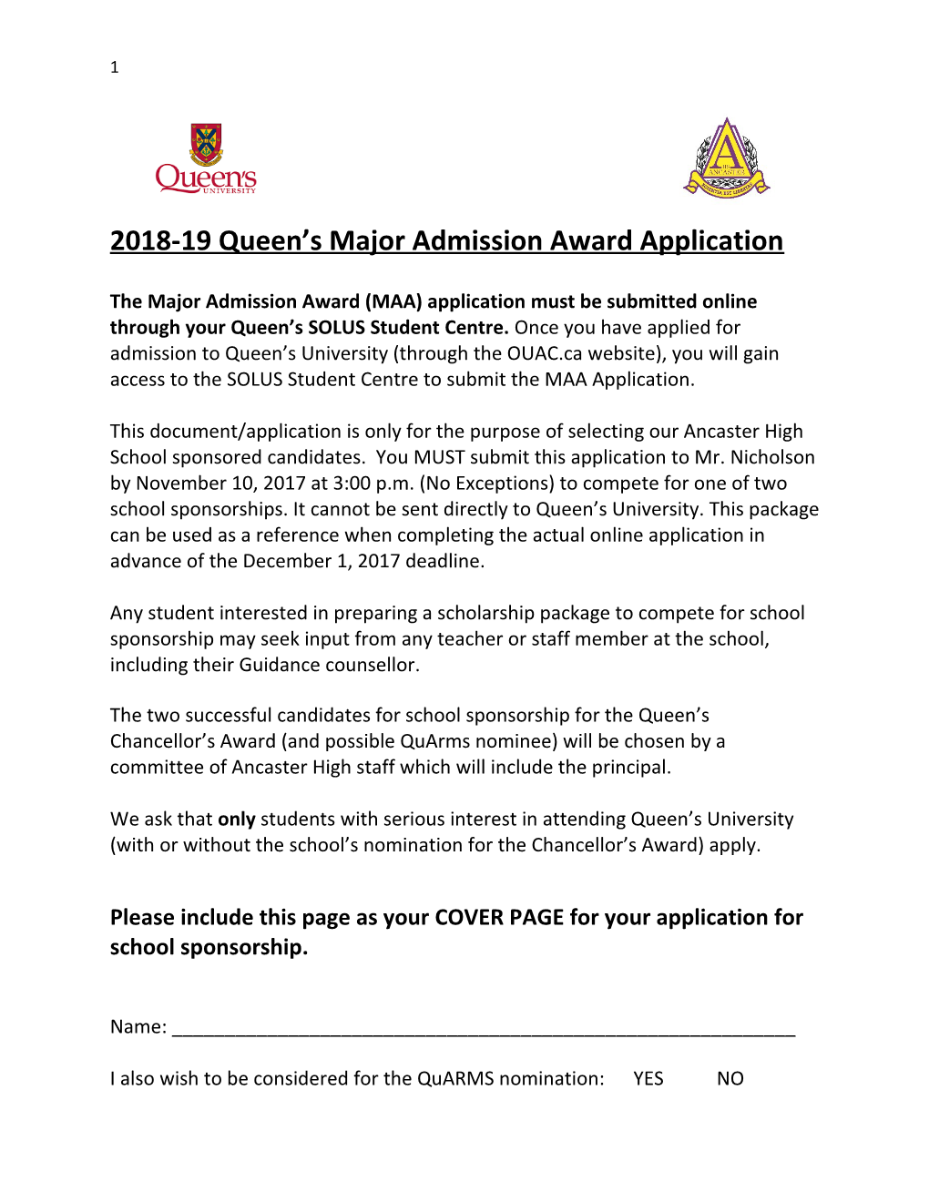 2018-19 Queen S Major Admission Award Application