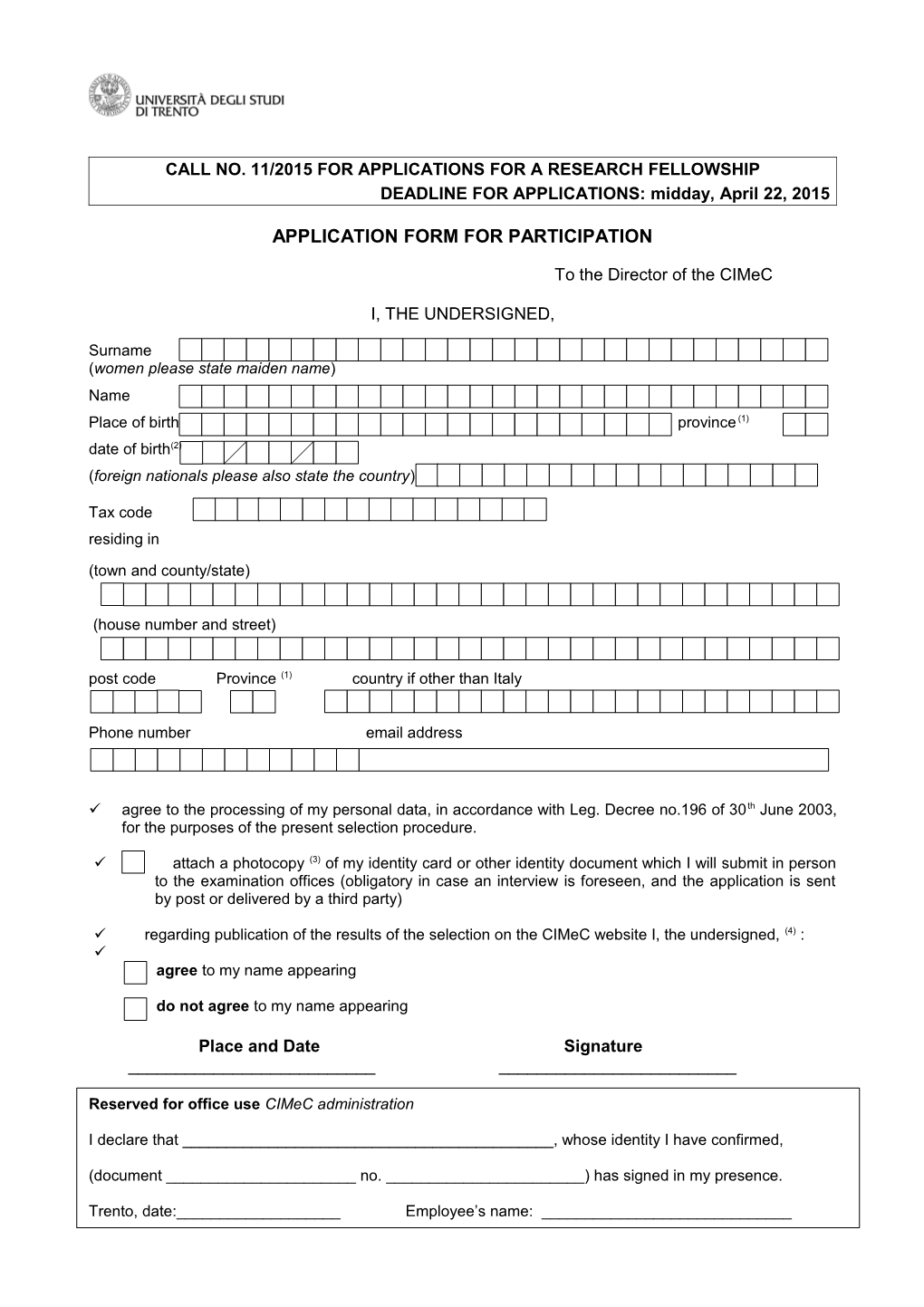 Call No.11/2015For Applications for a Research Fellowship