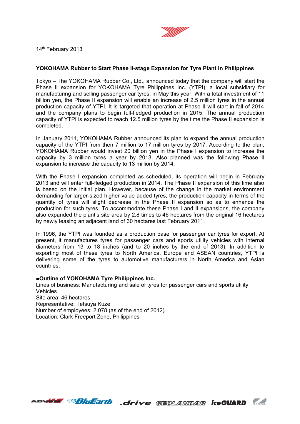 YOKOHAMA Rubber to Start Phase II-Stage Expansion for Tyre Plantin Philippines