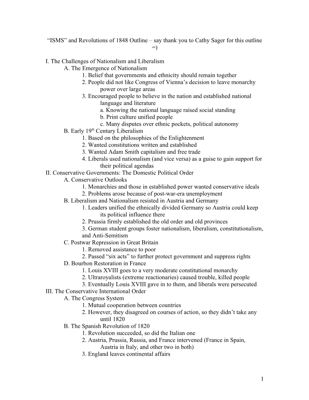 ISMS and Revolutions of 1848 Outline