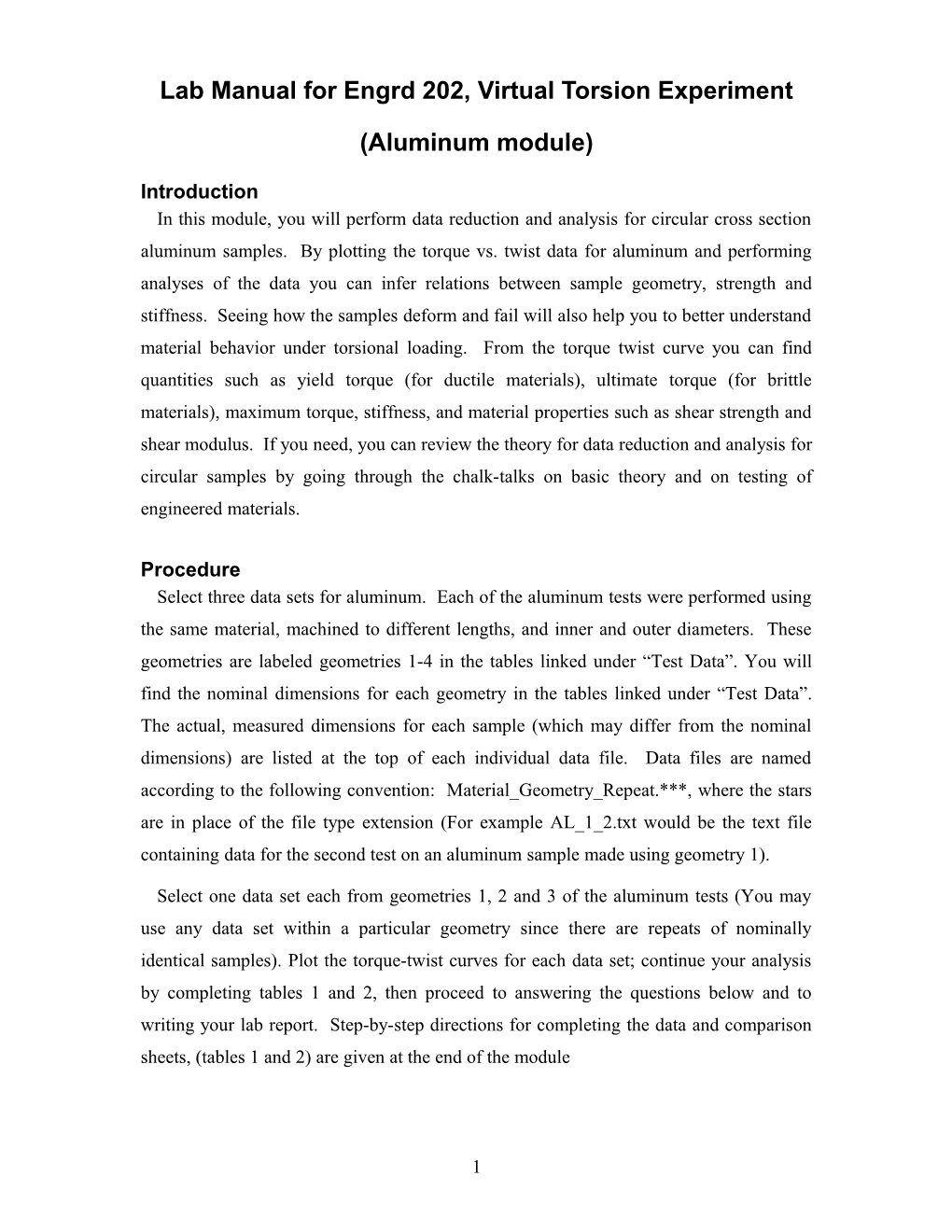 Lab Manual for Engrd 202, Virtual Torsion Experiment