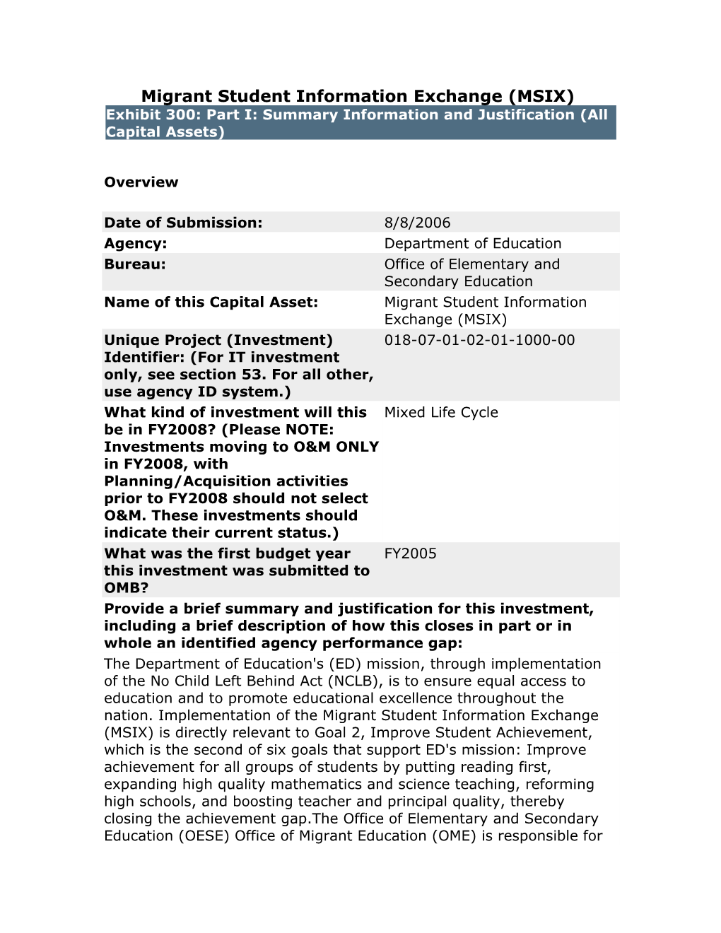 OMB E-300 BY08 Migrant Student Information Exchange (MSIX)