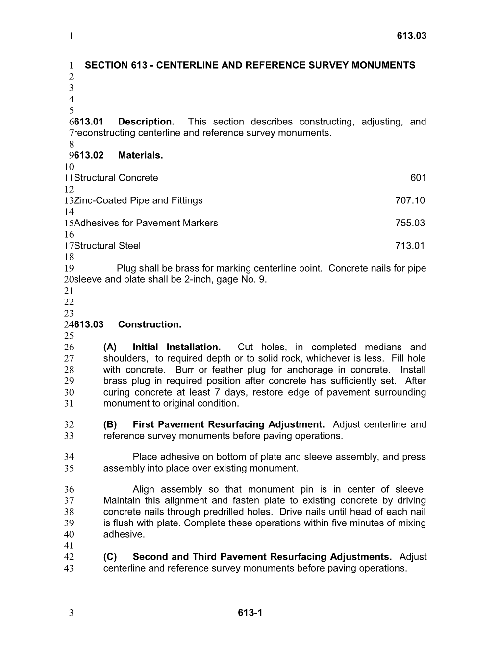 Amend Section 613 - Centerline and Reference Survey Monuments to Read As Follows