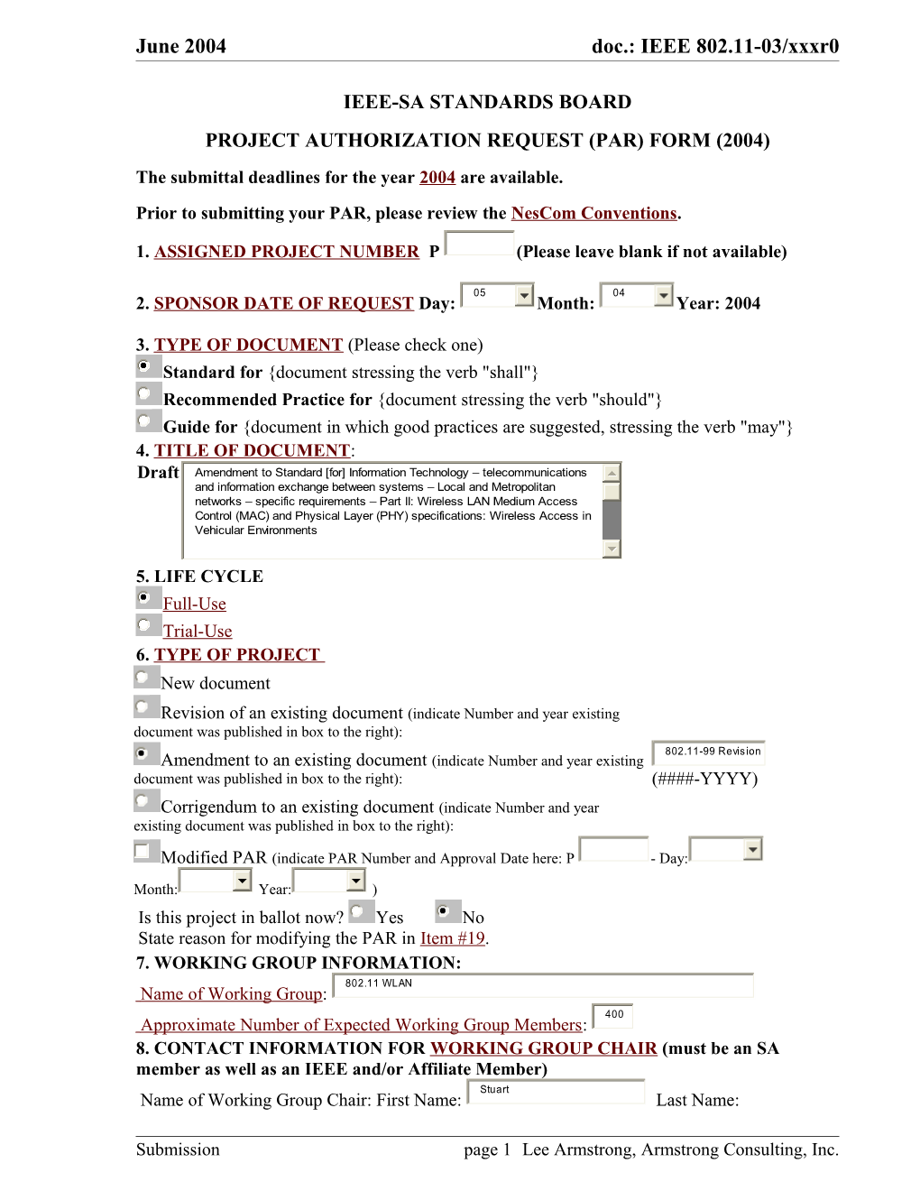 Project Authorization Request (Par) Form (2004)