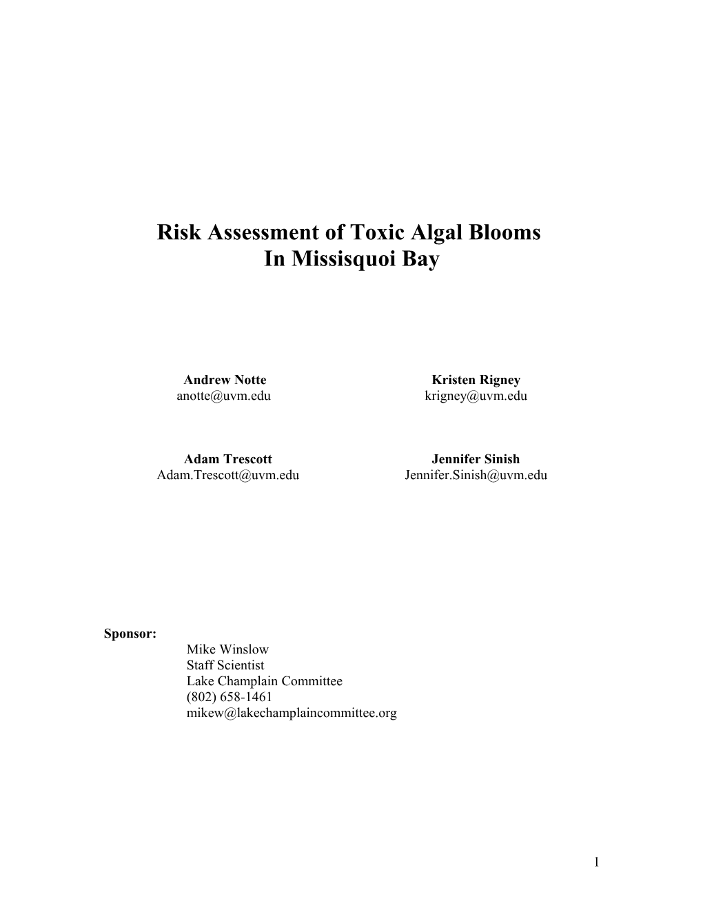 Risk Assessment of Toxic Algal Blooms
