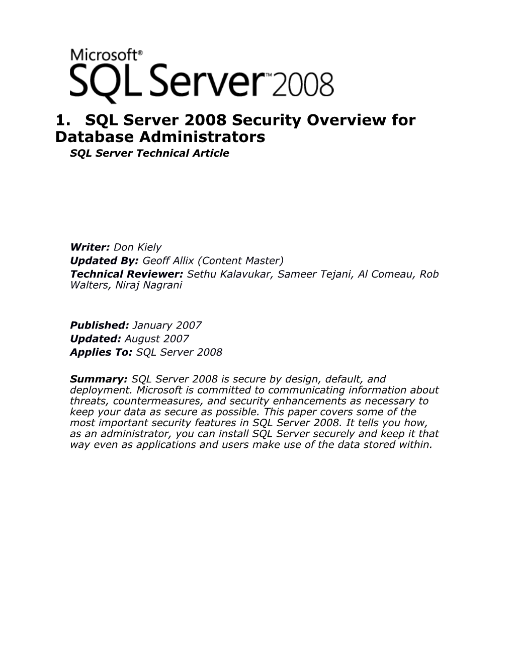 SQL Server 2008 Securityoverview for Database Administrators