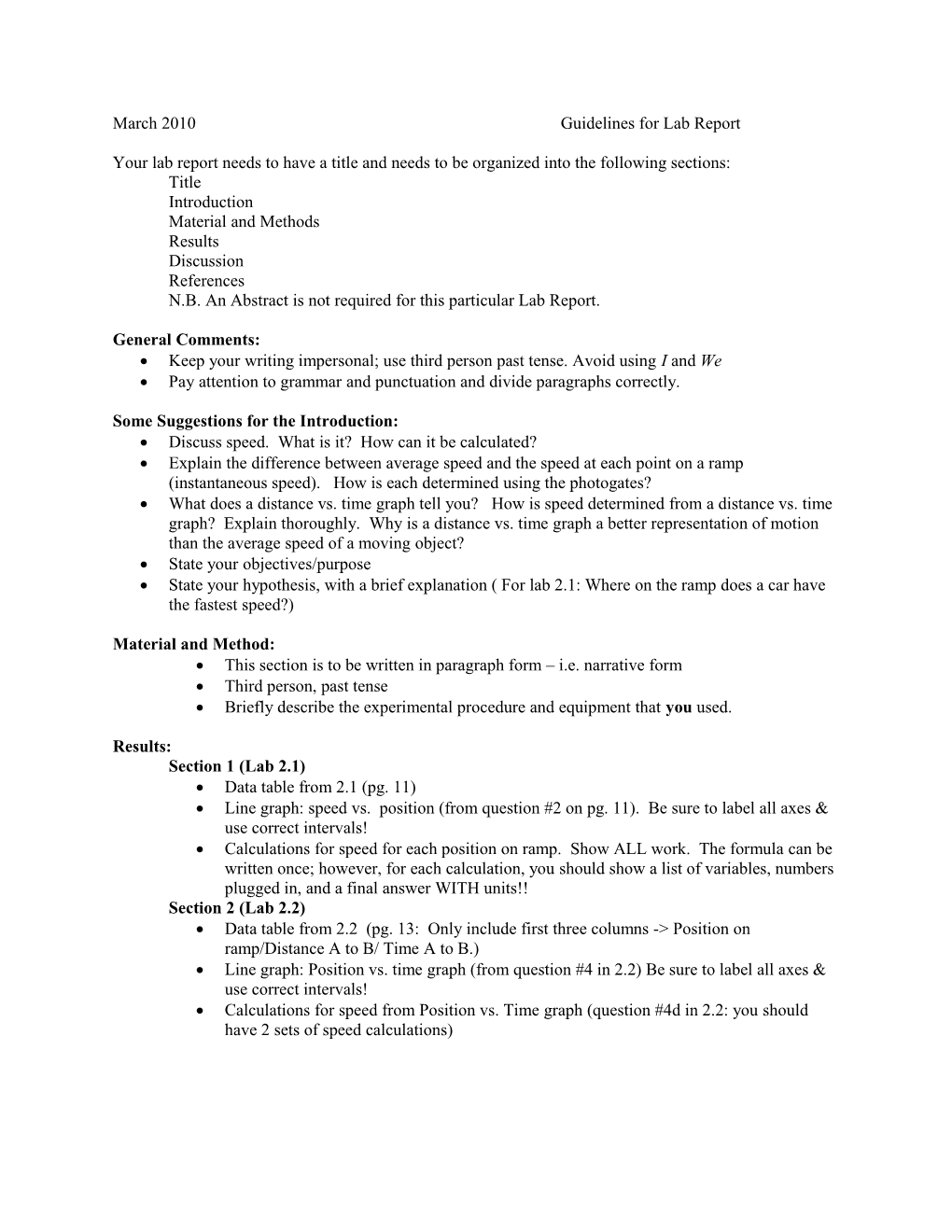 March 2010 Guidelines for Lab Report