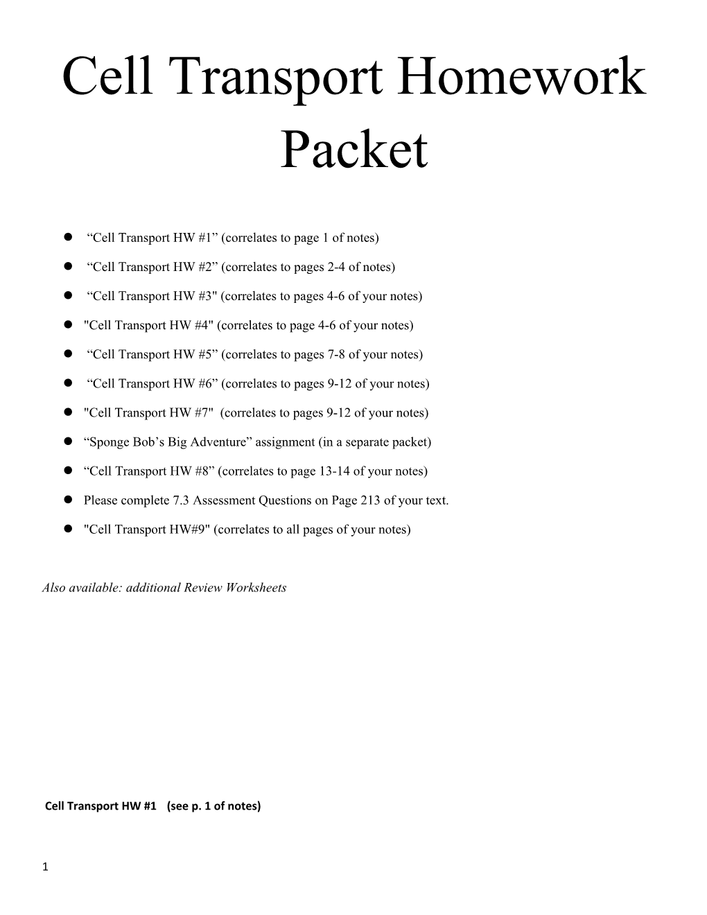 Cell Transport Homework Packet
