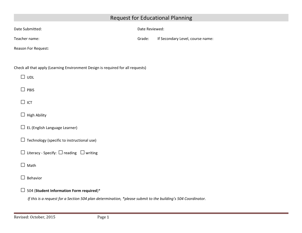 Request for Educational Planning