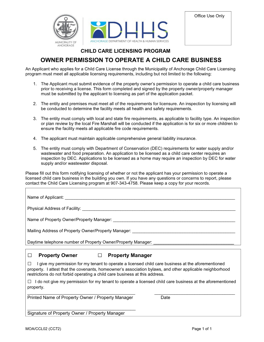 CCL02 Owner Permission to Operate a Child Care Business