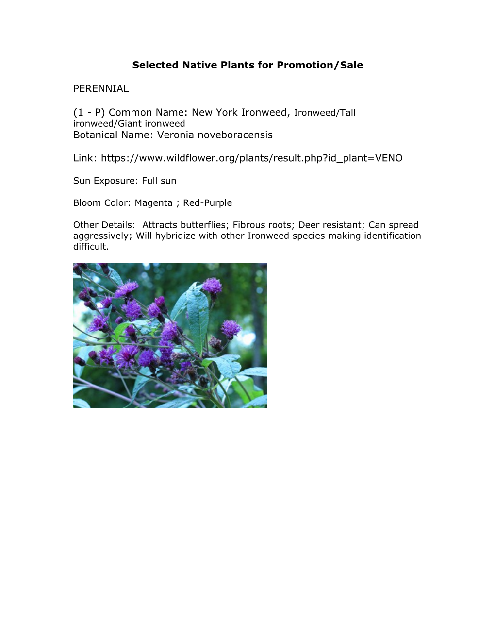 Selected Native Plants for Promotion/Sale