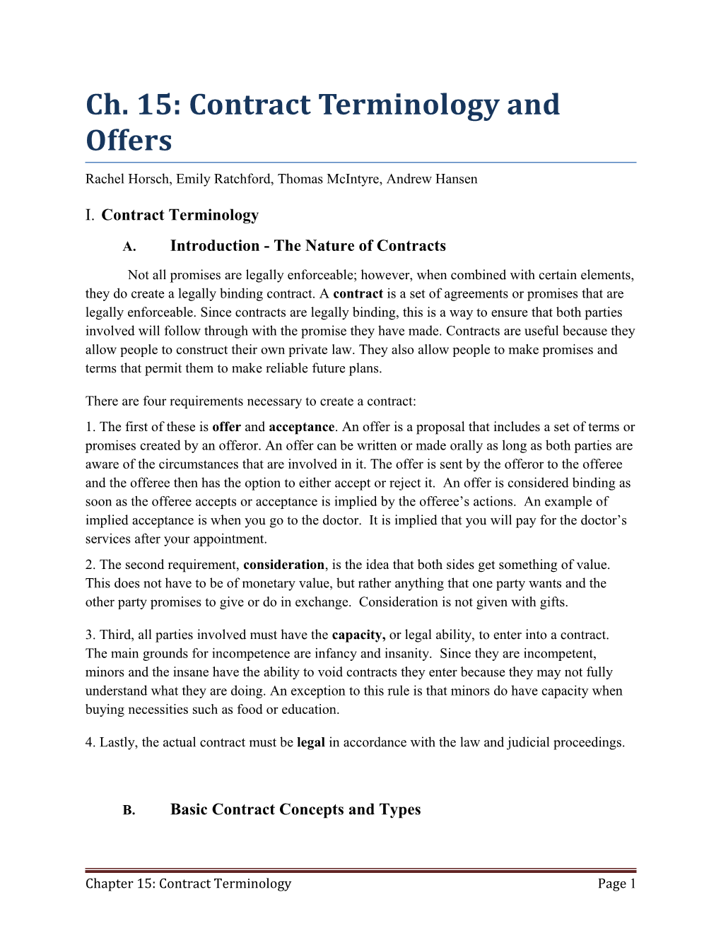 Ch. 15: Contract Terminology and Offers
