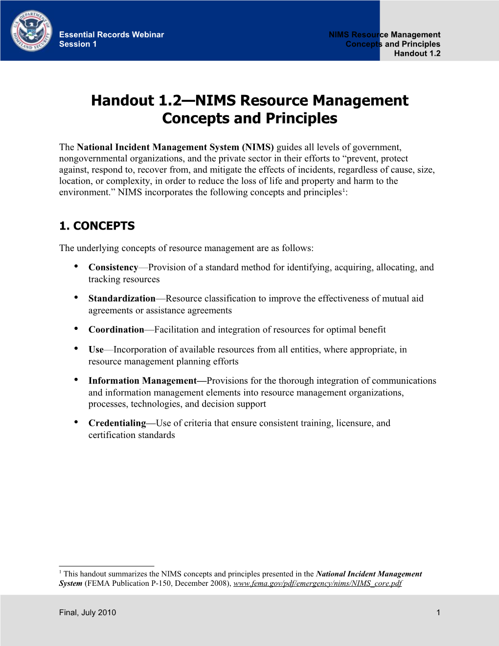 Handout 1.2 NIMS Resource Management Concepts and Principles