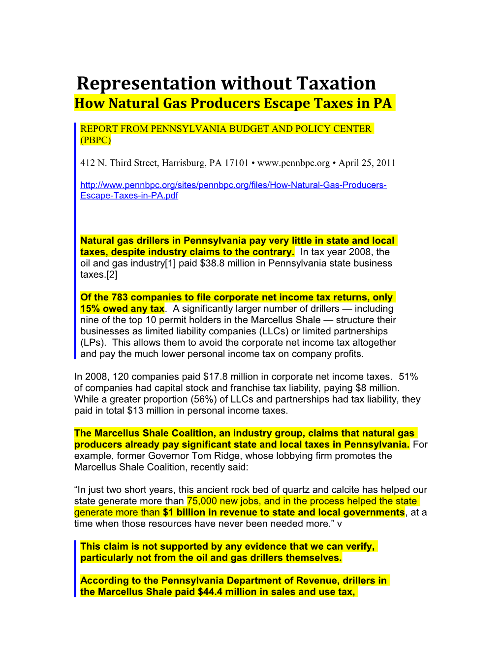 Representation Without Taxation How Natural Gas Producers Escape Taxes in Pennsylvania