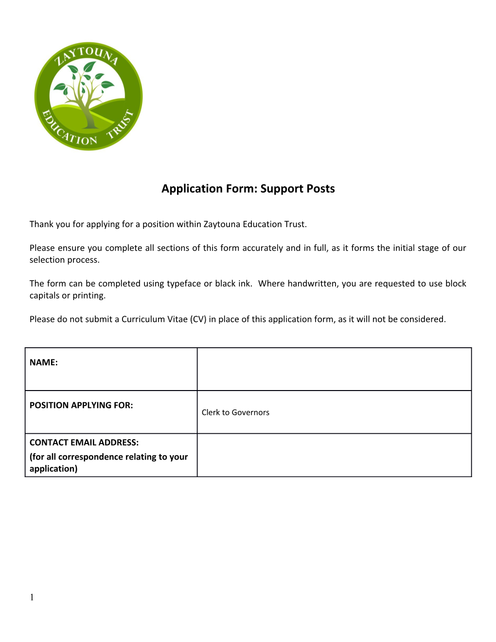 Application Form: Support Posts