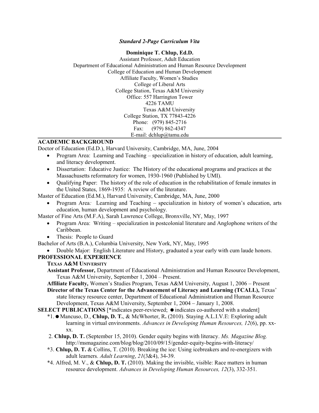 Standard 2-Page Curriculum Vita