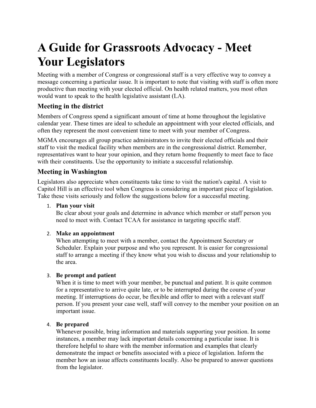 A Guide for Grassroots Advocacy - Meet Your Legislators