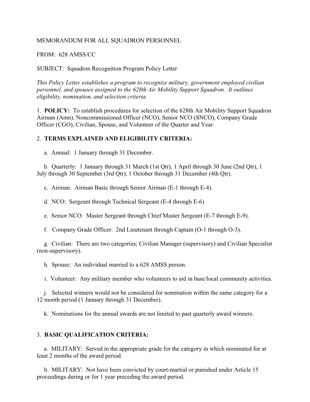 Squadron Recognition Program Policy Letter