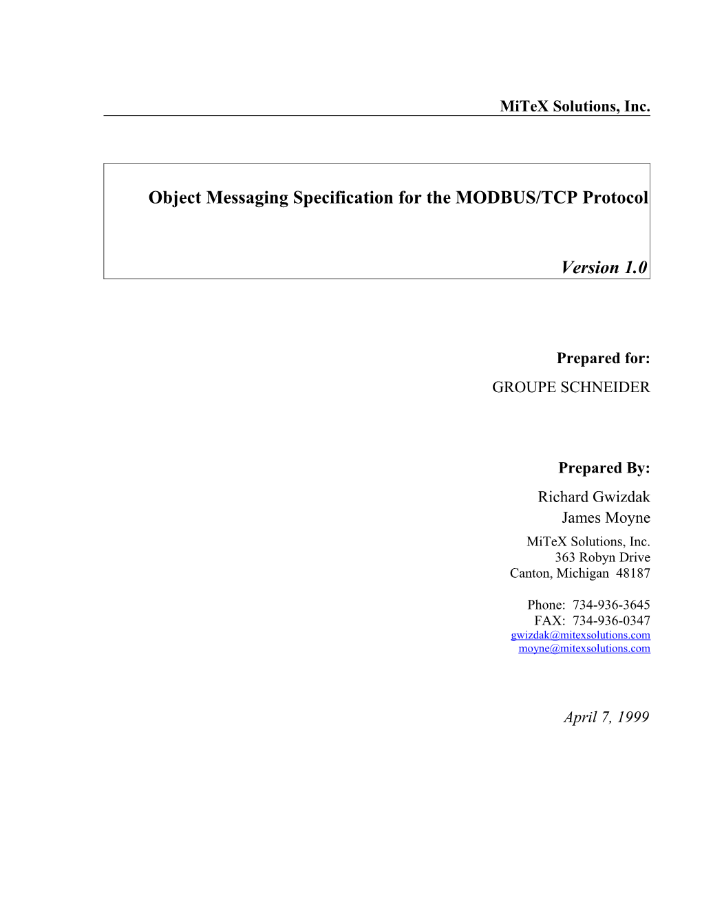 Object Messaging Specification for the MODBUS/TCP Protocol