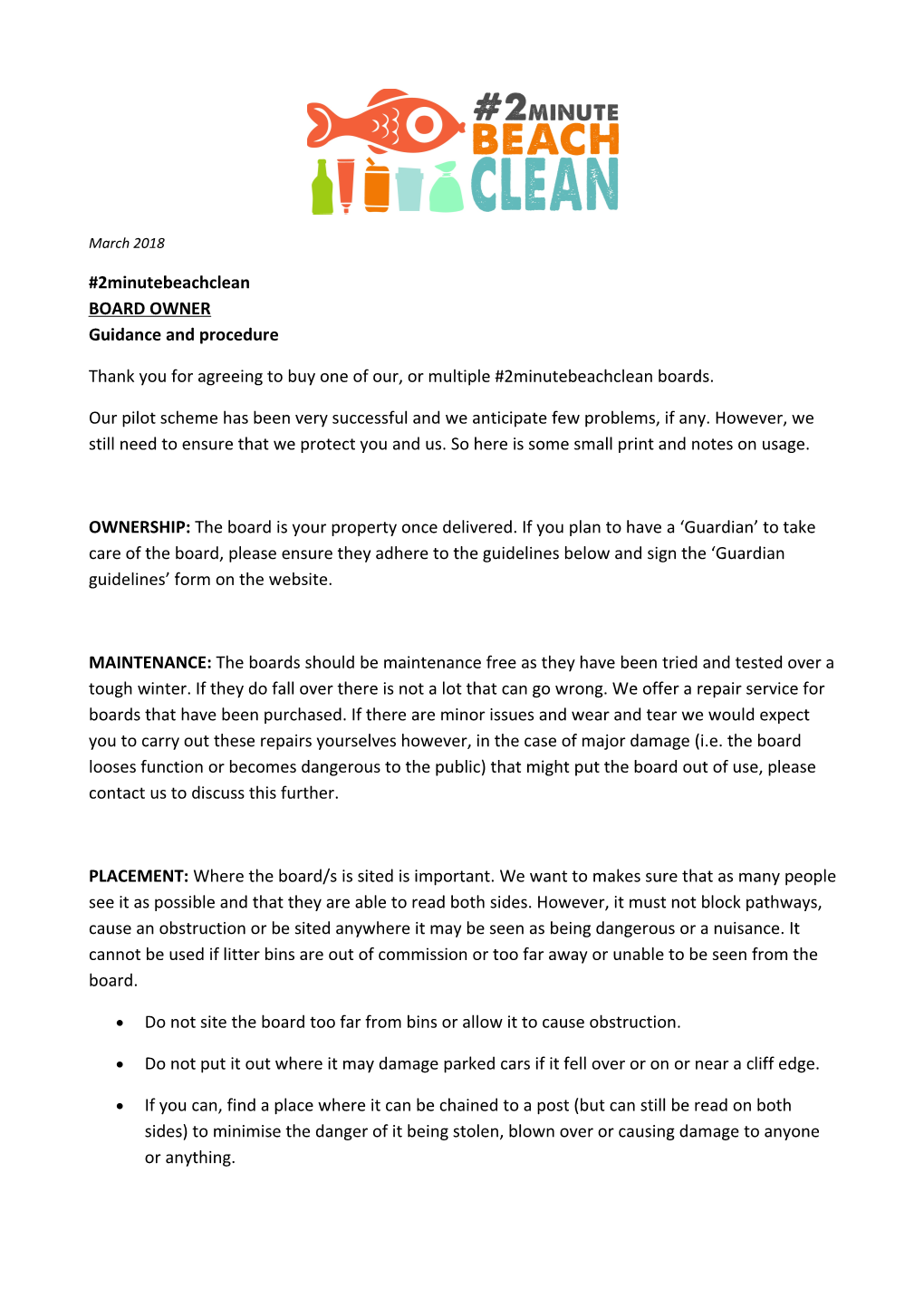 2Minutebeachclean BOARD OWNER Guidance and Procedure