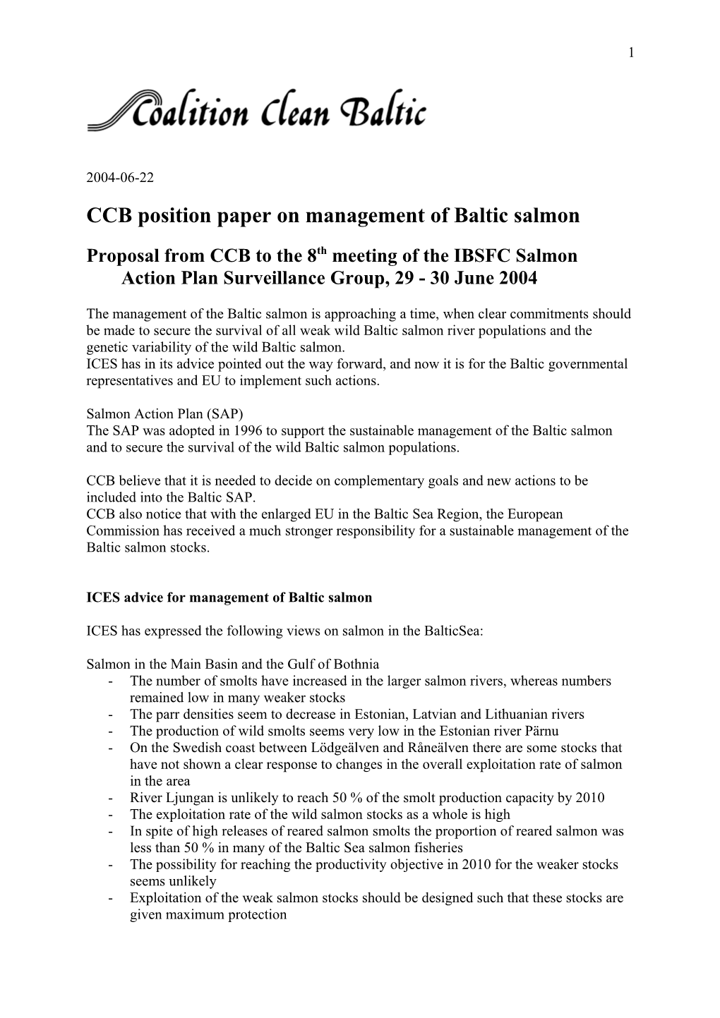 CCB Position Paper on Management of Baltic Salmon