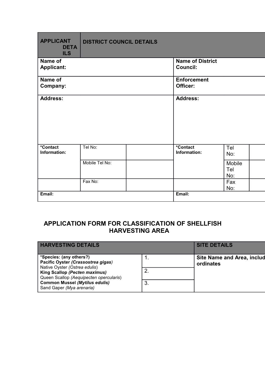 Application Form for Classification of Shellfish Harvesting Area
