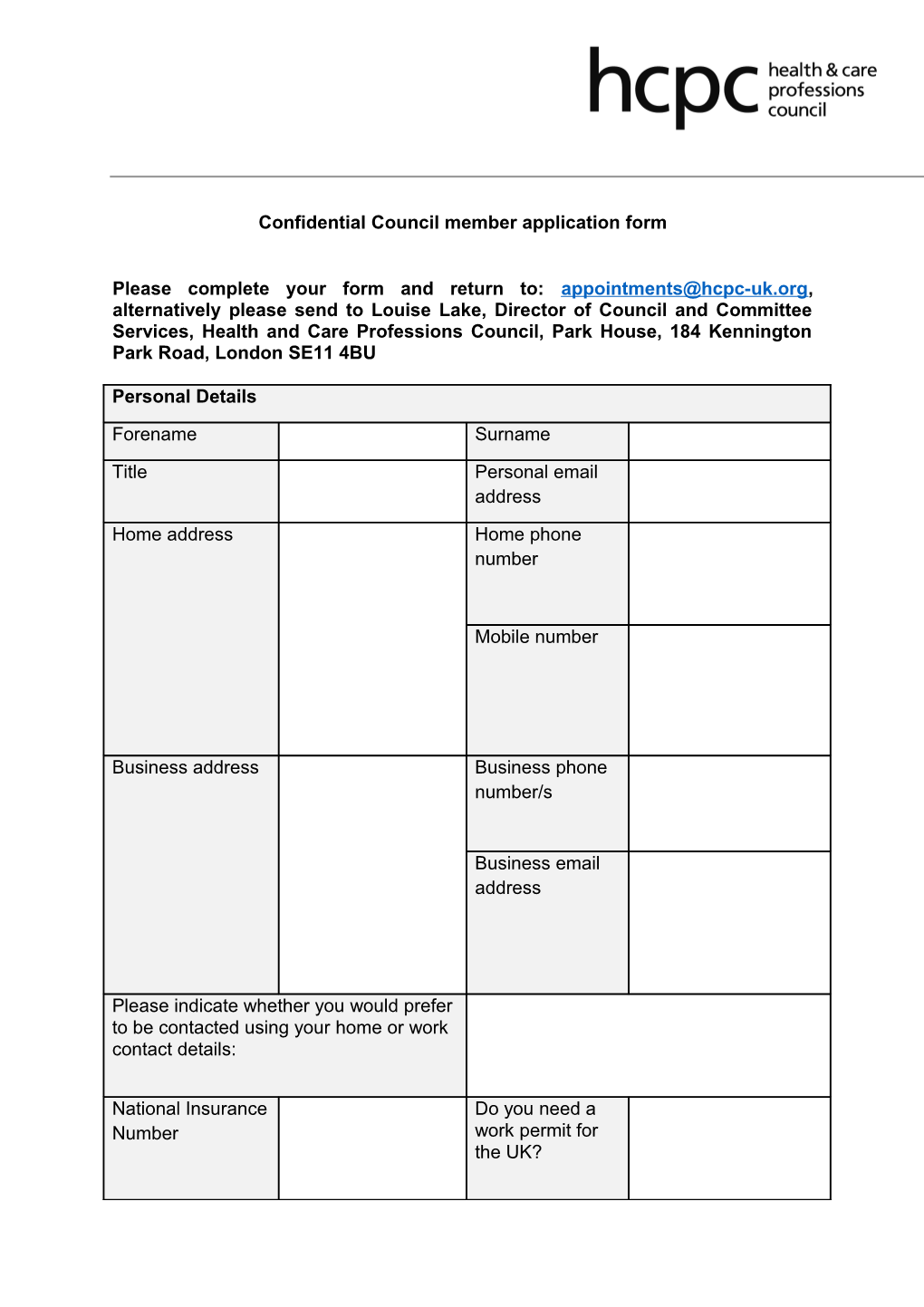 Confidential Council Member Application Form