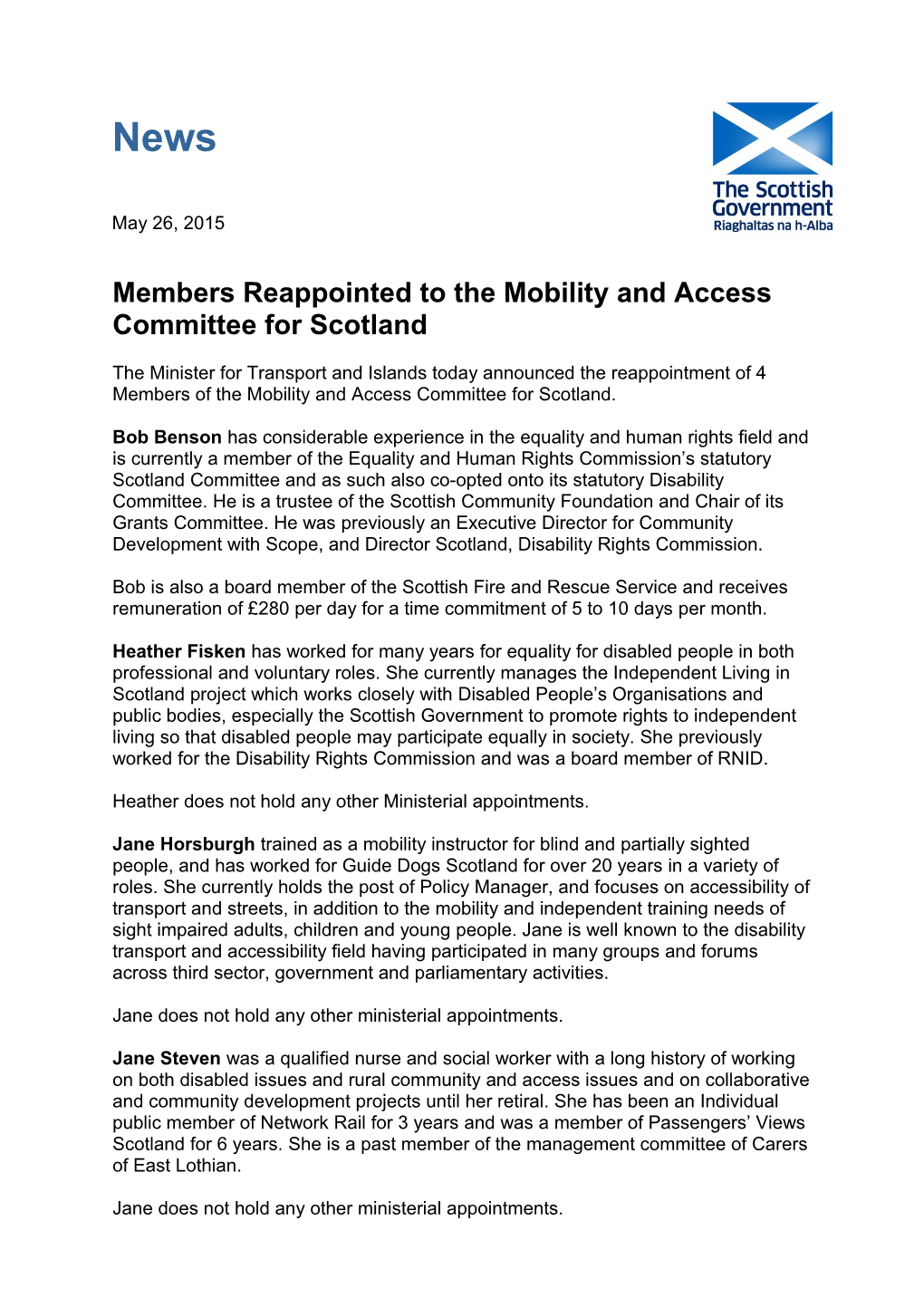 Members Reappointed to the Mobility and Access Committee for Scotland