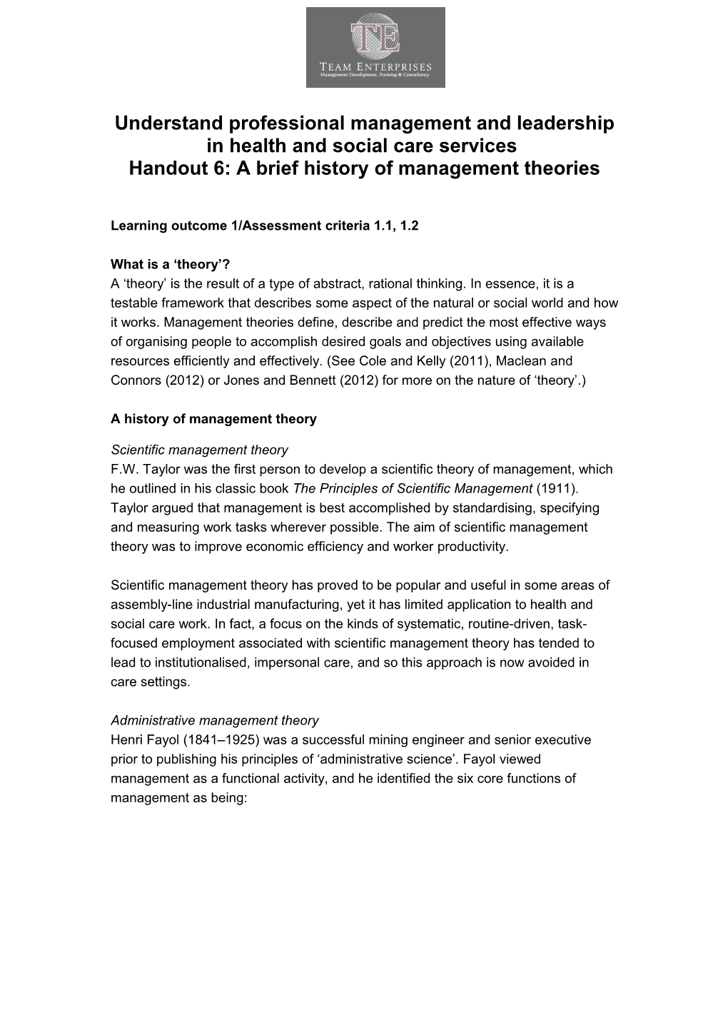 Handout 6: a Brief History of Management Theories