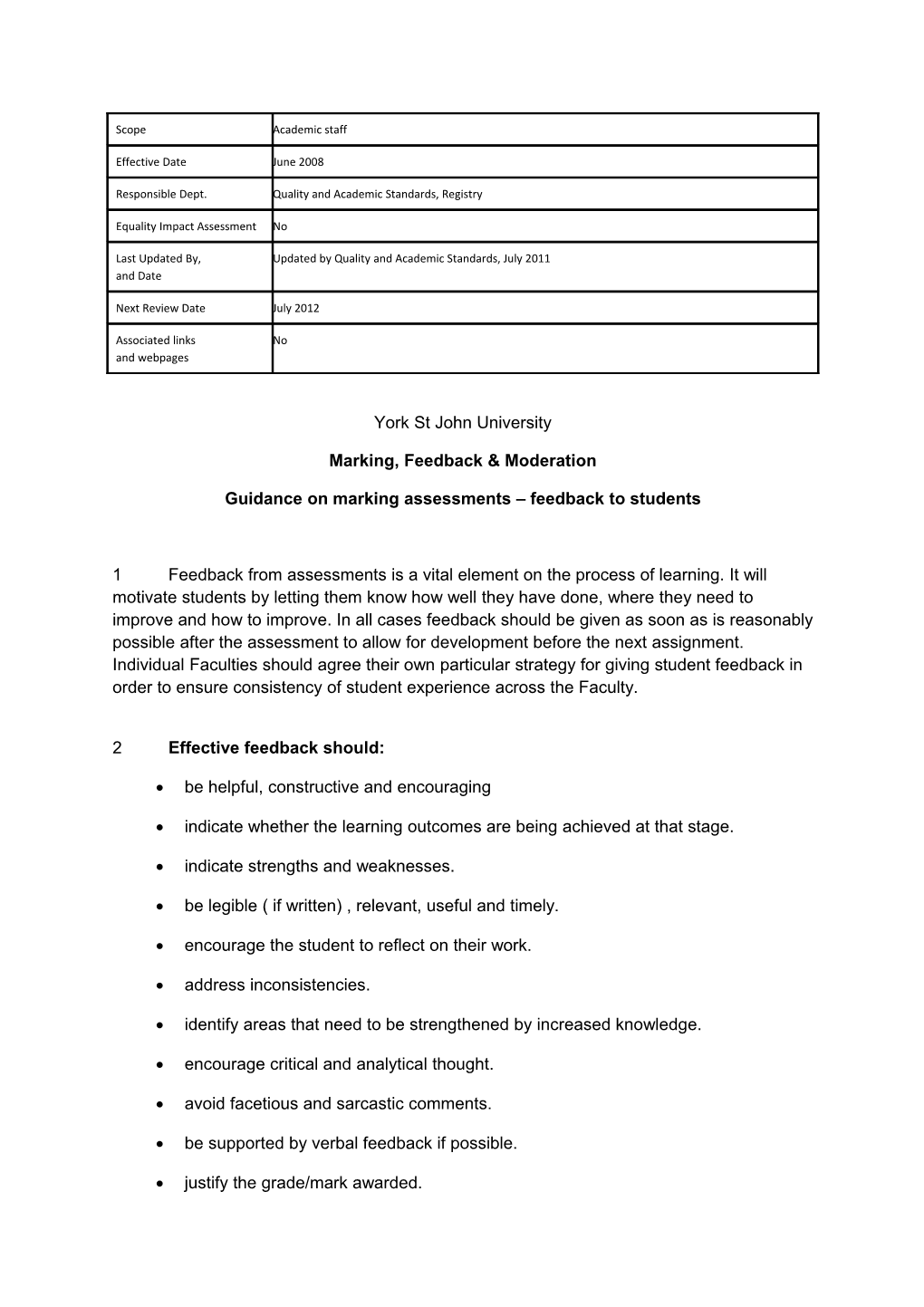 Guidance on Marking Assessments Feedback to Students