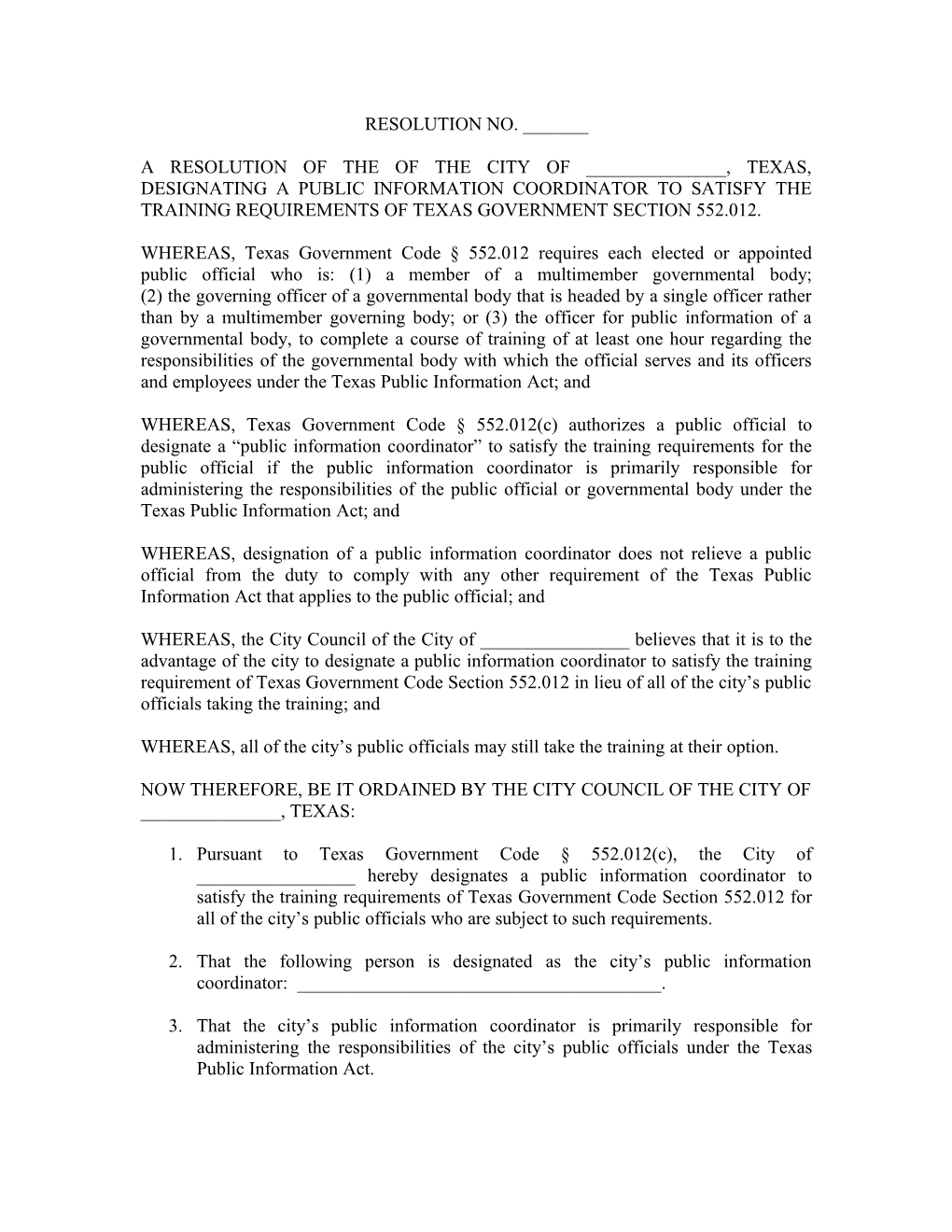 A Resolution of the of the City of ______, Texas, Designating a Public Information Coordinator