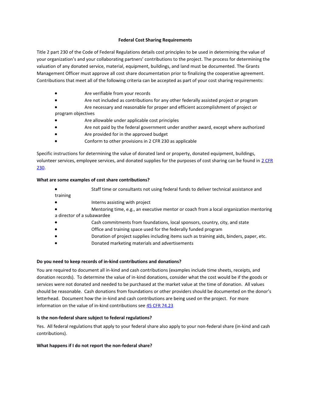 Federal Cost Sharing Requirements