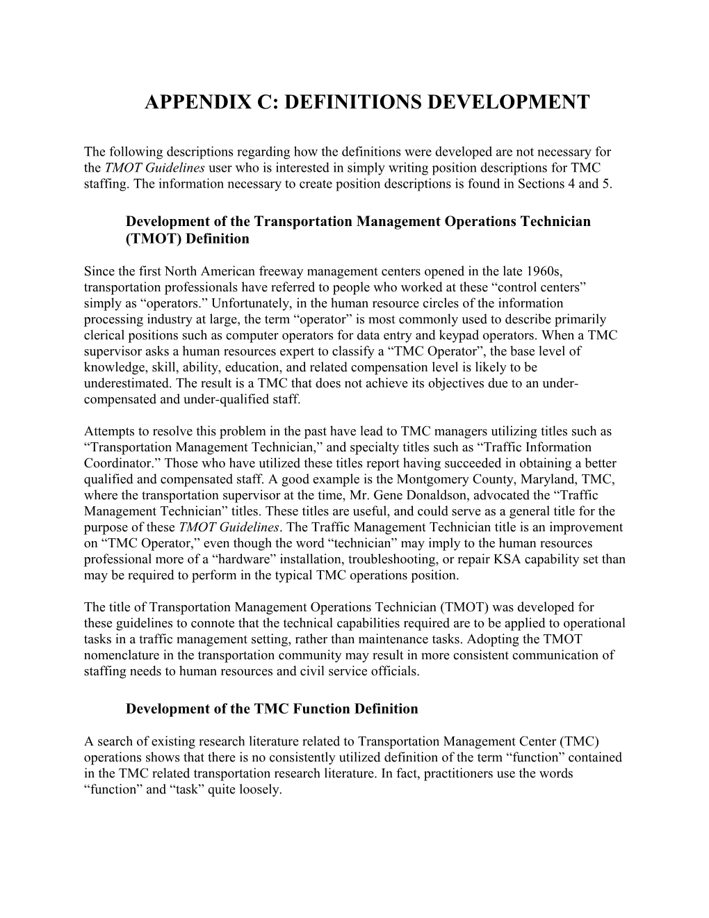 Guidelines for TMC Traffic Management Operations Technician Staff Development