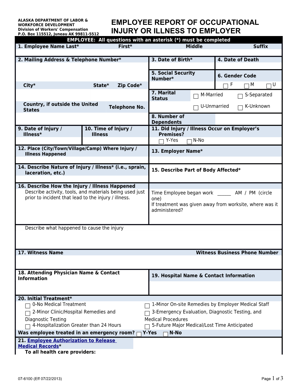 Instructions for EMPLOYEE REPORT of OCCUPATIONAL INJURY OR ILLNESS to EMPLOYER