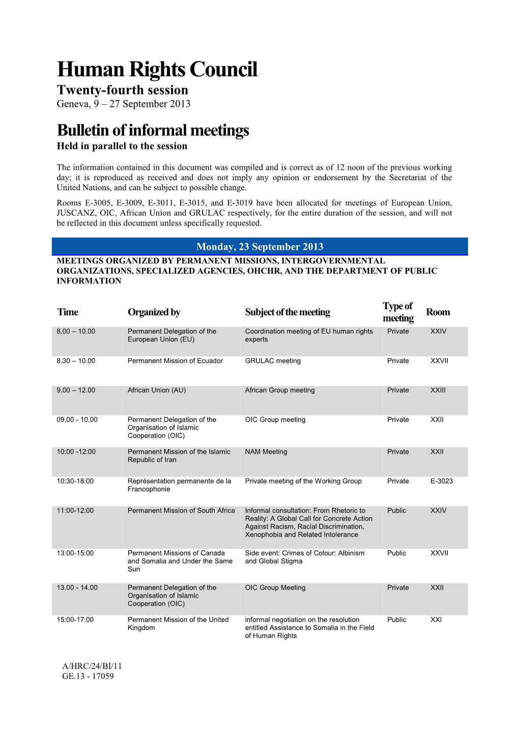 Bulletin of Informal Meetings, Monday, 23 September 2013 (Word)