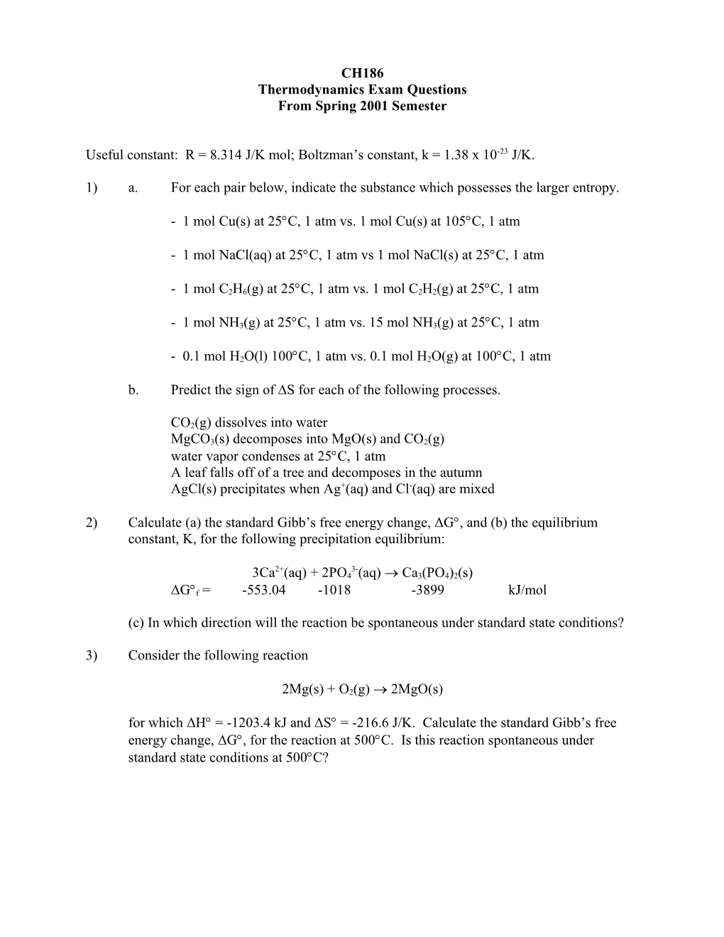 Thermodynamics Exam Questions