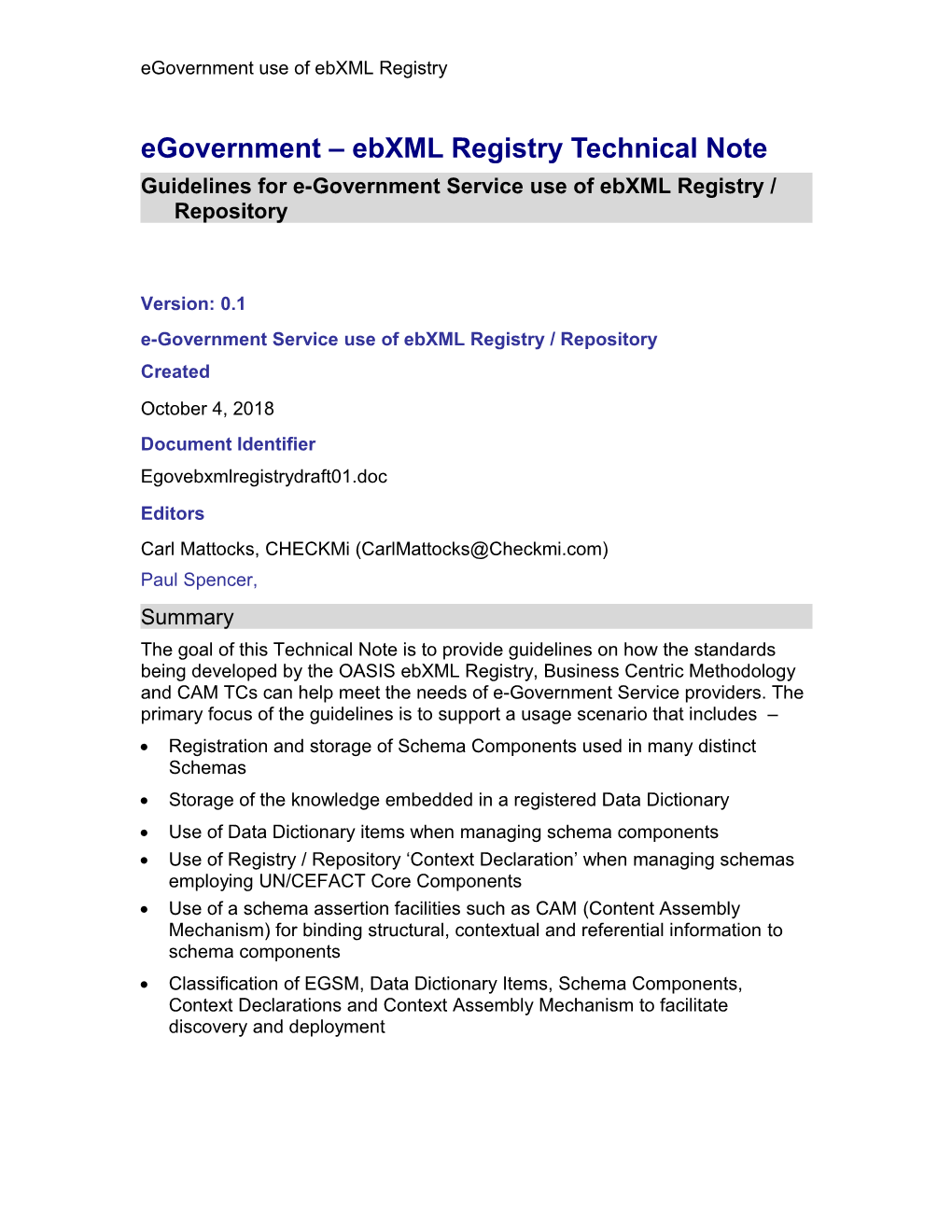 Guidelines for E-Government Service Use of Ebxml Registry / Repository