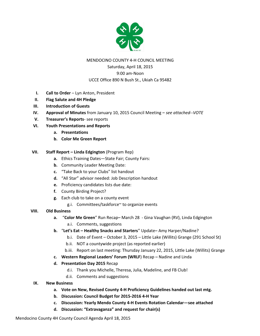 Mendocino County 4-H Council Meeting