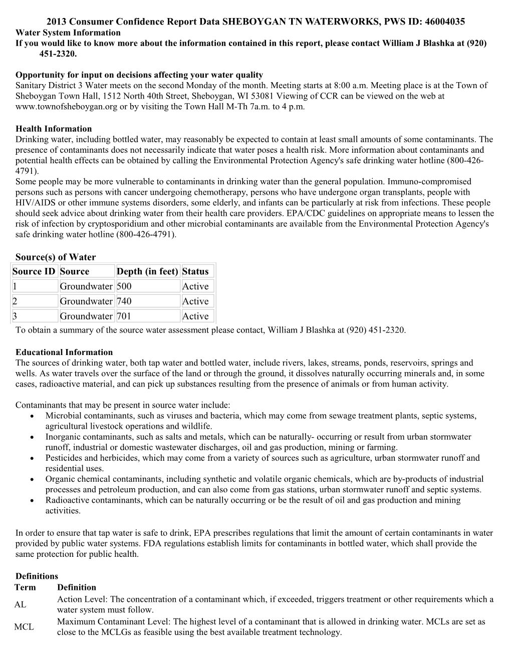 2013 Consumer Confidence Report Datasheboygan TN WATERWORKS, PWS ID: 46004035