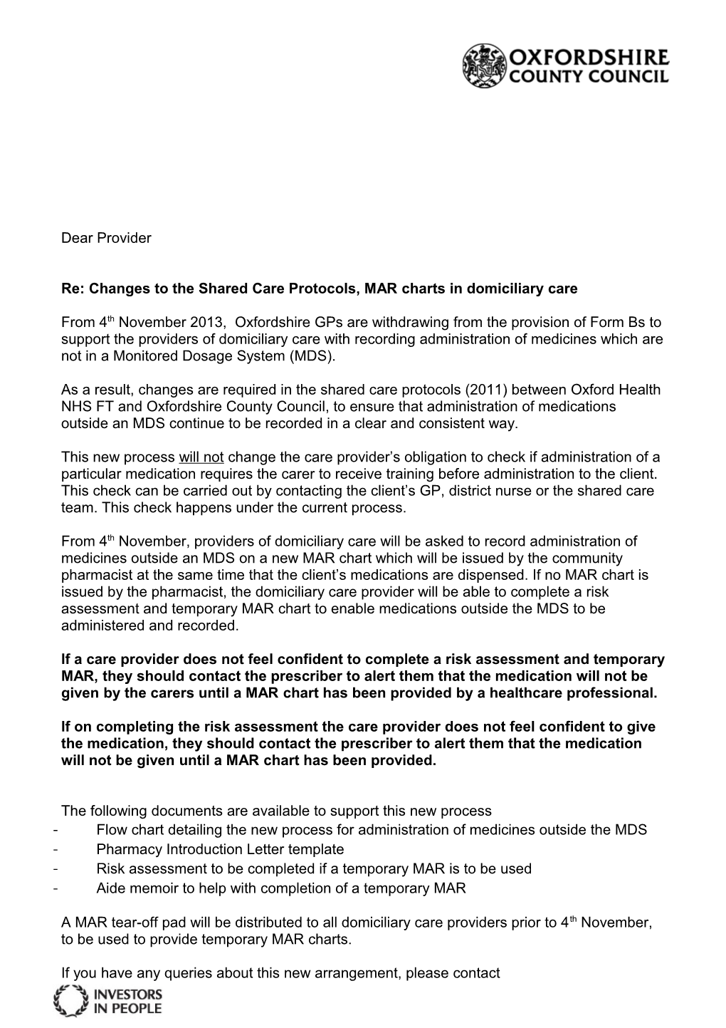Re: Changes to the Shared Care Protocols, MAR Charts in Domiciliary Care
