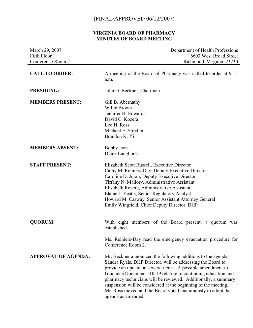 Virginia Board of Pharmacy Minutes 03-29-2007