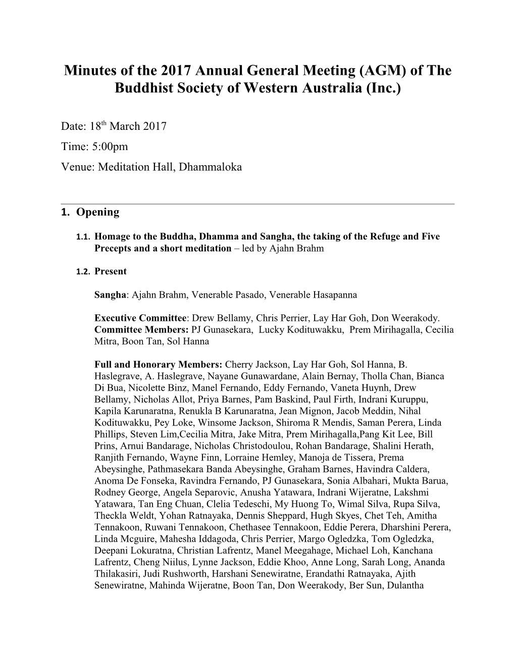 Minutes of the 2017 Annual General Meeting (AGM) of the Buddhist Society of Western Australia